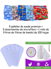 Cargar imagen en el visor de la galería, 5-Pack. Kit de Pañales ecológicos tela Toque Seco