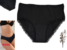 Cargar imagen en el visor de la galería, EcoCarinho. Braga menstrual reutilizable de algodón color negro. Siéntete súper cómoda, segura y protegida.