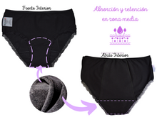 Cargar imagen en el visor de la galería, EcoCarinho. Braga menstrual reutilizable de algodón color negro. Siéntete súper cómoda, segura y protegida.