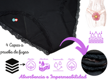 Cargar imagen en el visor de la galería, EcoCarinho. Braga menstrual reutilizable de algodón color negro. Siéntete súper cómoda, segura y protegida.
